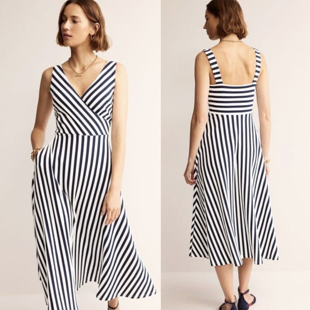Boden Stripe Jersey Faux Wrap Midi Dress in Navy Blue/Ivory White, size 10P